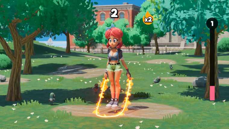 Scarlet skipping in the park with trees and a brick building behind her